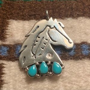 Navajo handmade sterling silver turquoise horse pendant